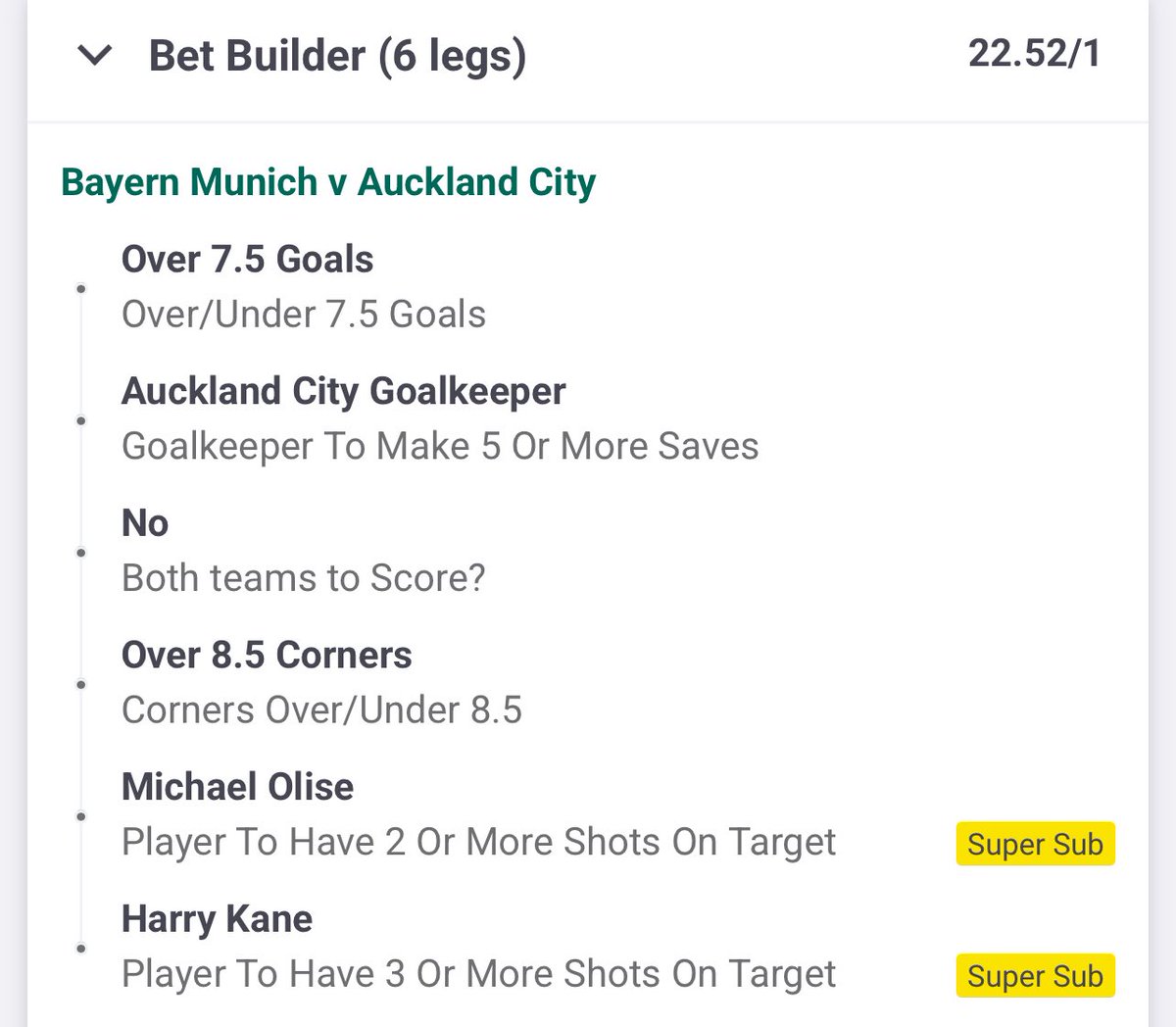 Bayern Munich vs Auckland City Bet Builder

@ 23.52 odds

❤️this tweet if you back it!