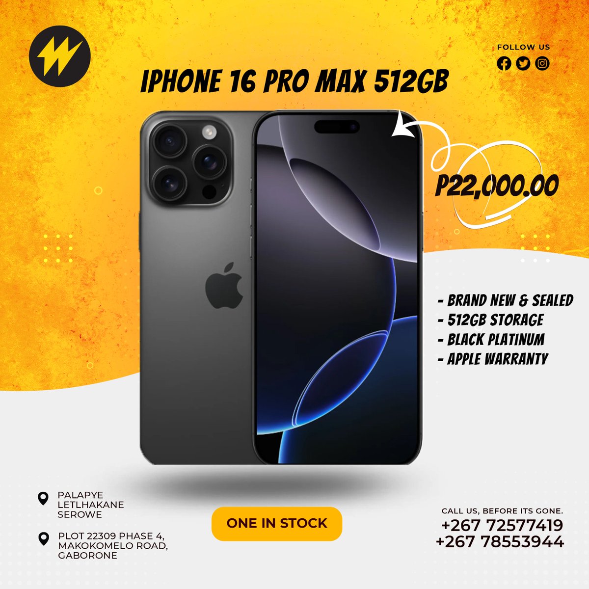 Mafishane_'s tweet photo. 🚨 iPhone 16 Pro Max – 512GB Black Platinum –  AVAILABLE! 🚨
(ONLY ONE IN STOCK)

✅ Brand New &amp; Sealed
✅ 512GB Storage

📦 Free delivery in Gaborone, Palapye, Serowe &amp; Letlhakane

💵 Price: BW P22, 000.00
📲 WhatsApp/Call: +267 72577419

#iPhone16ProMax #WantariPhones #AppleBW https://t.co/wal8RoLoX4