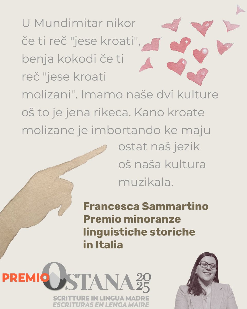 🏆 HISTORICAL #LANGUAGEMINORITIES IN #ITALY PRIZE 2025 to #FrancescaSammartino – #Croatian Language 🇭🇷

🎙️ Born in a small village in #Molise where Molise-Croatian language (na-našo) is still spoken, she's now a leading voice in preserving this unique and precious #language🌿