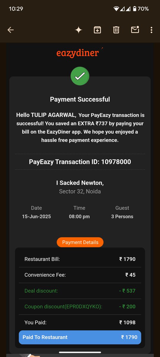 iamtulipin's tweet photo. Today used eazy diner for payment. @eazydiner . Thanks for fabulous discounts https://t.co/1qx651nKBS