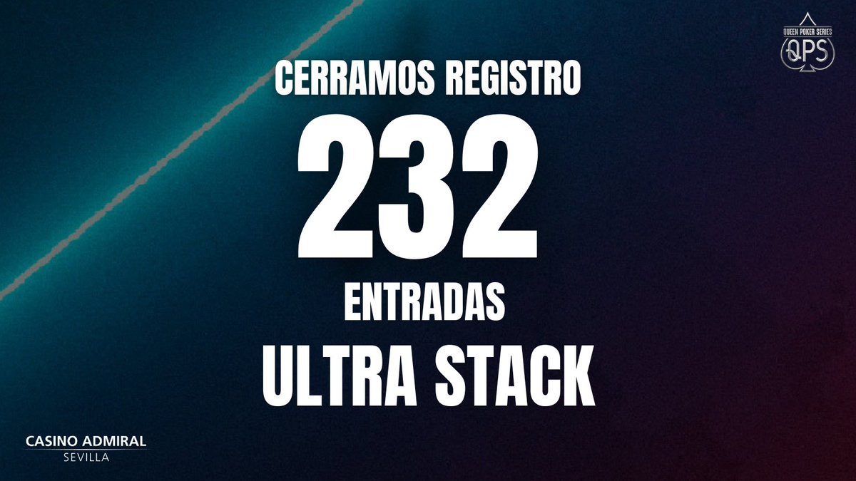 QUEEN POKER SERIES (@queenpokerevent) on Twitter photo Se cierra el registro del torneo Ultra Stack en <a href="/CasinoAdmiralSV/">Casino Admiral Sevilla</a>.
👤 Hemos tenido un total de 2⃣3⃣2⃣ entradas.
En breve anunciaremos los payouts. Se cierra el registro del torneo Ultra Stack en <a href="/CasinoAdmiralSV/">Casino Admiral Sevilla</a>.
👤 Hemos tenido un total de 2⃣3⃣2⃣ entradas.
En breve anunciaremos los payouts.