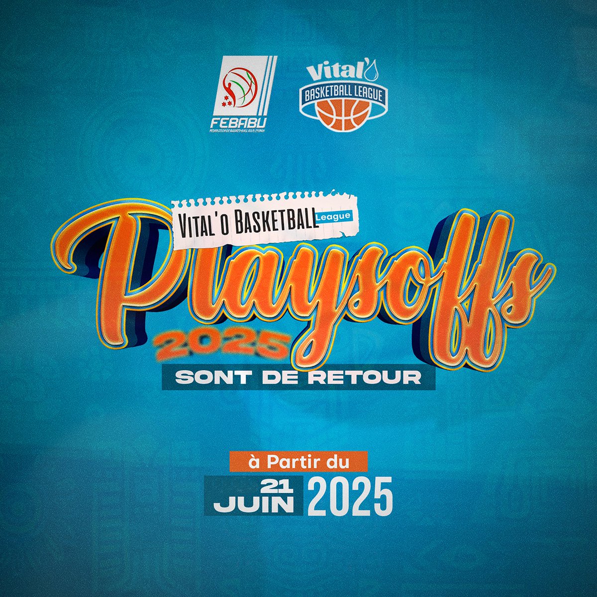 Chers amateurs du ballon orange,voici le calendrier des demi-finales des playoffs 2025.

Venez nombreux soutenir vos athlètes préférés à partir de ce samedi le 21 juin 2025 au terrain de département
#Febabu 
#Playoffs 2025
#Fibaafrica
#Vital’0 Basketball league
