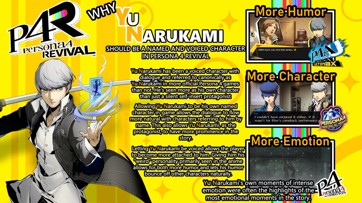 I've had a lot of conversation in my comments about the topic so here's my personal reasons why I think Yu Narukami should both be a named character and have dialogue in Persona 4 Revival. 

Still with dialogue choices of course, but having his own dialogue.

#Persona4Revival #P4