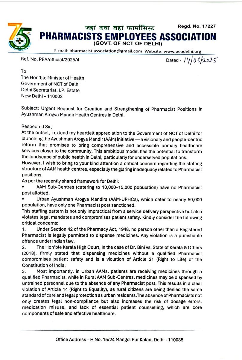 <a href="/CMODelhi/">CMO Delhi</a> <a href="/LtGovDelhi/">LG Delhi</a>
We urge deployment of Pharmacists at all Arogya Mandirs with technical scale, allowances &amp; benefits as per <a href="/MoHFW_INDIA/">Ministry of Health</a> norms. Utilize experienced staff from <a href="/AAMCStaff/">Aam Aadmi Mohalla Clinic (AAMC) Staff Association</a> Delhi who've cleared tests to strengthen our healthcare system in new #DelhiArogyaMandir"
