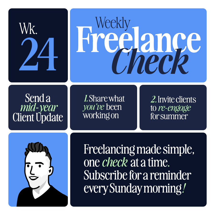 freelancecheck's tweet photo. Week 24 of #FreelanceCheck:

You don’t need a big launch... just a little reminder.
✅ Send a short update to past or current clients
✅ Share what’s new, what’s next, and how they can work with you

Stay top of mind. Stay booked. https://t.co/xW4MFfOmVu