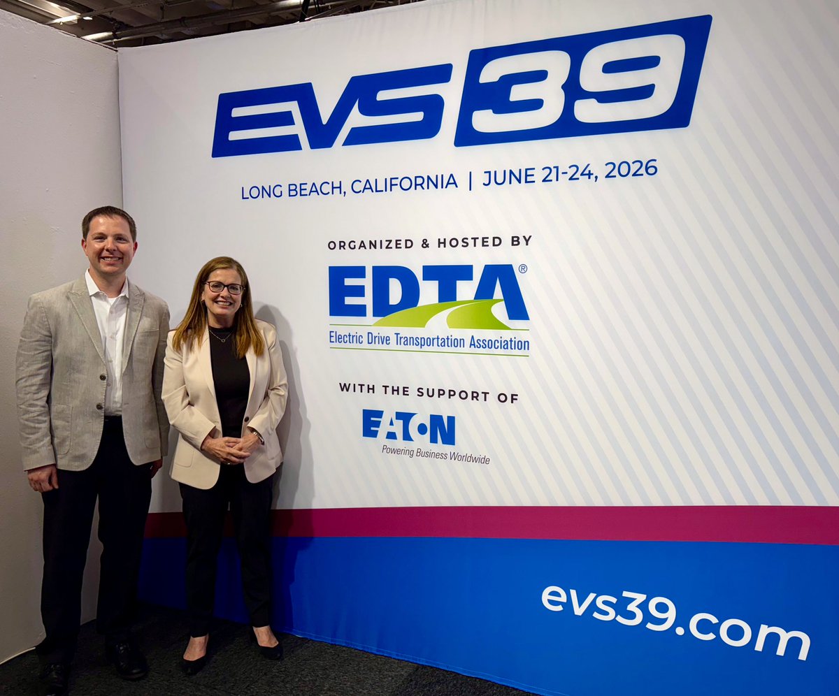 EDTA President Genevieve Cullen and Chair of the EDTA Board of Directors Lincoln Wood with Southern Company are at #evs38.  Meet up with us to learn more about what’s in store for EVS39 in Long Beach, June 21-24, 2026!