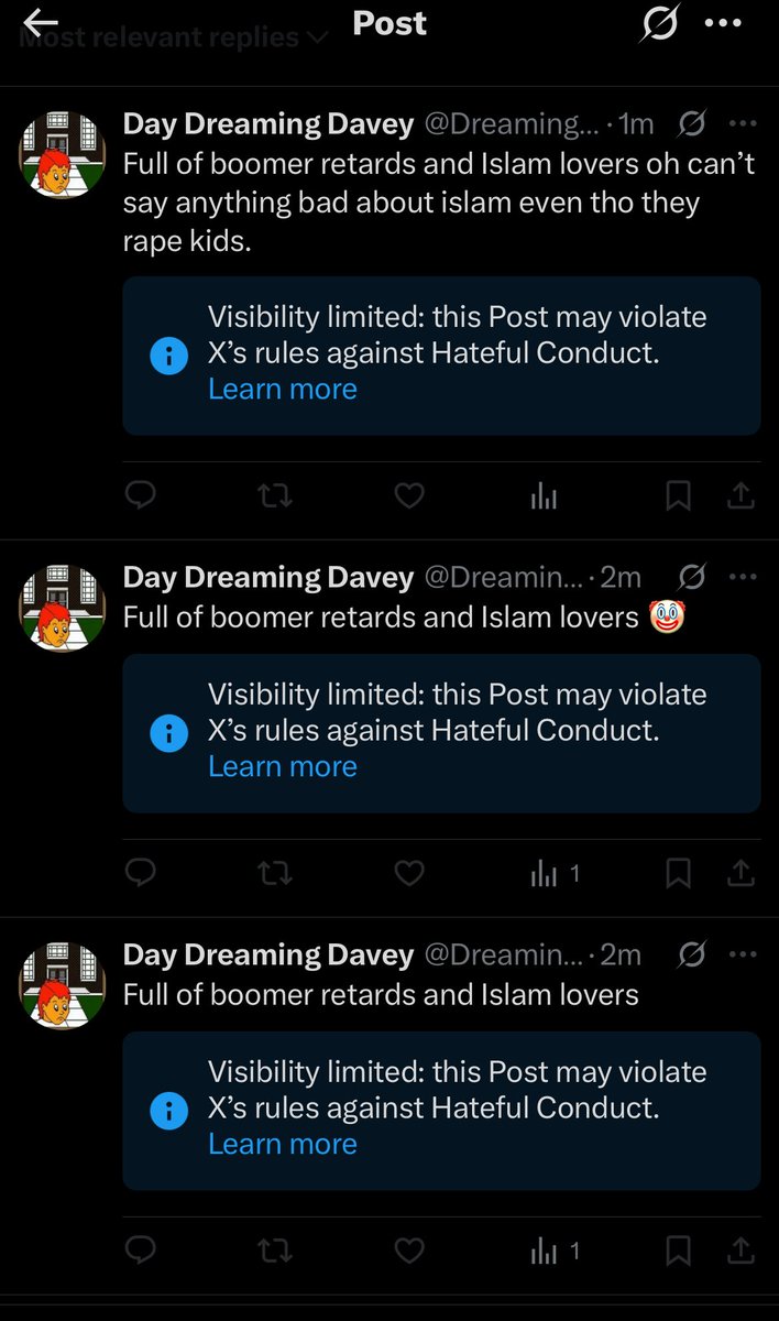 DreamingDavey's tweet photo. “This post may violate X rules of violence” bitch please, yet Elon lets the Nazis and terrorists go hog wild here, interesting. 🤔 also thought “retard” was free! Guess not, “free speech” So free this.🖕🏼#FuckElon #FuckX #FuckAllNazis #FuckIslam #FuckAllCADGovt #FuckTheEvil 🖕🏼 https://t.co/8Y1im9g40B