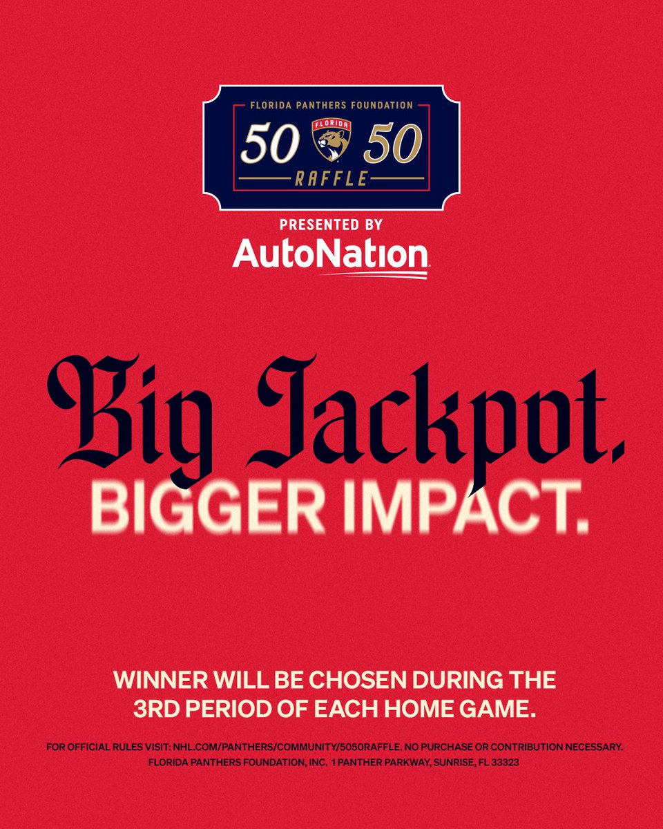 FlaPanthersCARE's tweet image. Game 6 will be here before you know it!
Purchase your 50/50 raffle ticket for the game online or from one of our sellers inside @AmerantArena.
Price points are doubled until puck drop! 🎟️ » flapanthers5050.com