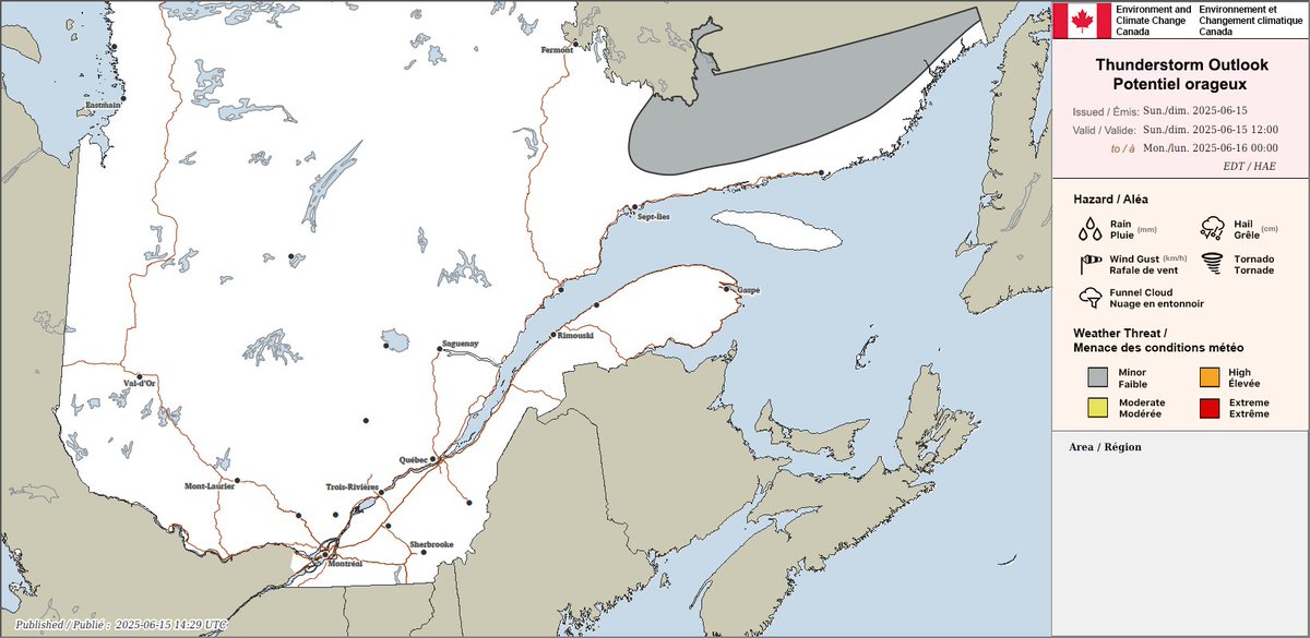 Thunderstorm outlook for Quebec valid today, June 15.

Any report of damage can be sent to Environment and Climate Change Canada using #QCstorm or by emailing QCstorm@ec.gc.ca.