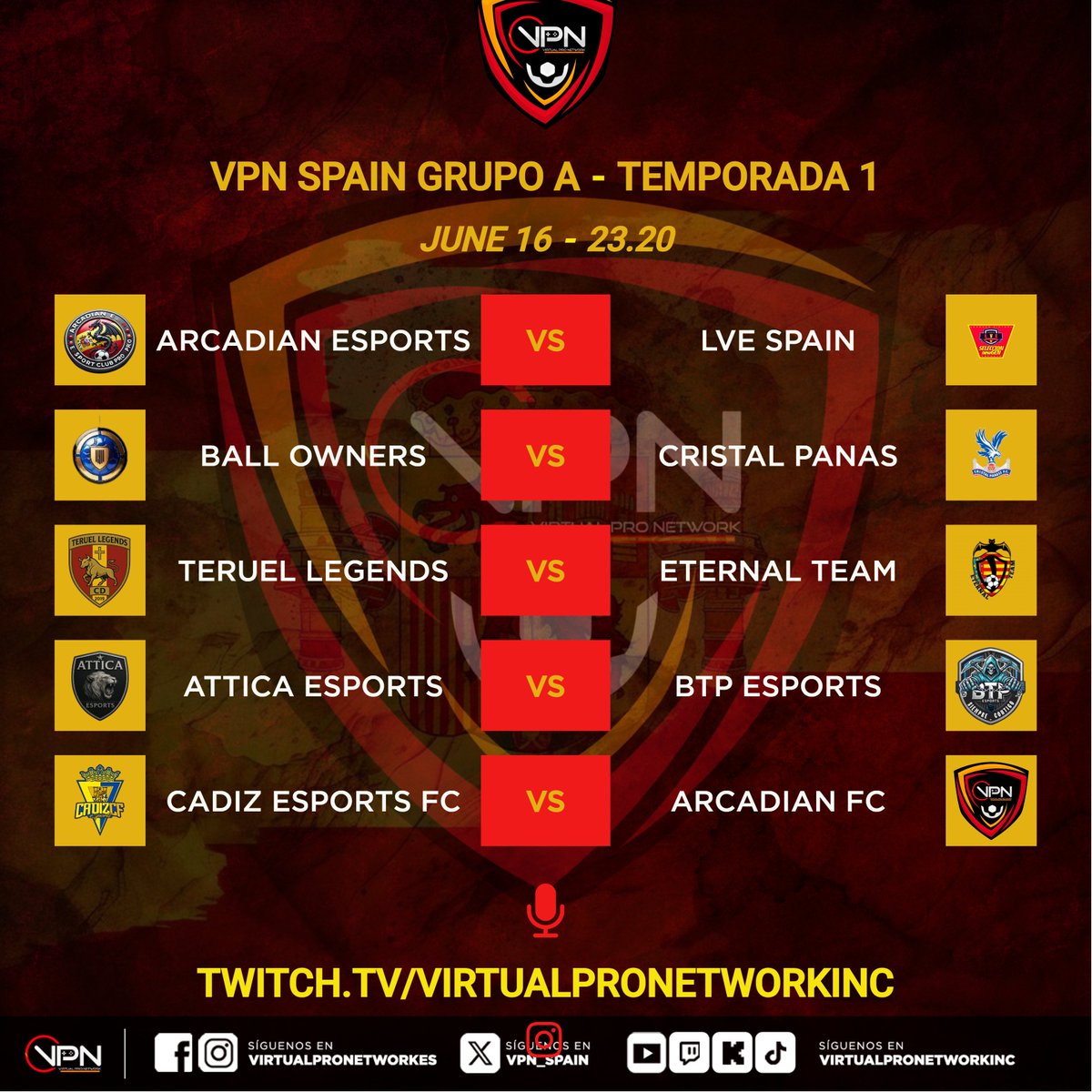 Virtual Pro Network Spain (@vpn_spain) on Twitter photo 🇪🇸 Vpn Spain🇪🇸
🕑 23.00 y 23. 20
🏆Vpn spain pretemporada Grupo A
#vpnspain #virtualpronetwork
<a href="/lve_spain/">𝑳𝑽𝑬 𝑺𝑷𝑨𝑰𝑵</a> <a href="/AtticaeSport/">Attica eSports</a> <a href="/BallOwners2024/">Ball Owners</a> @fcarcadian <a href="/EterNaL__Team/">Eternal team</a> <a href="/BTPeSports/">BTP eSports</a> <a href="/Cadiz_CFESports/">Cádiz CF eSports</a> 🇪🇸 Vpn Spain🇪🇸
🕑 23.00 y 23. 20
🏆Vpn spain pretemporada Grupo A
#vpnspain #virtualpronetwork
<a href="/lve_spain/">𝑳𝑽𝑬 𝑺𝑷𝑨𝑰𝑵</a> <a href="/AtticaeSport/">Attica eSports</a> <a href="/BallOwners2024/">Ball Owners</a> @fcarcadian <a href="/EterNaL__Team/">Eternal team</a> <a href="/BTPeSports/">BTP eSports</a> <a href="/Cadiz_CFESports/">Cádiz CF eSports</a>