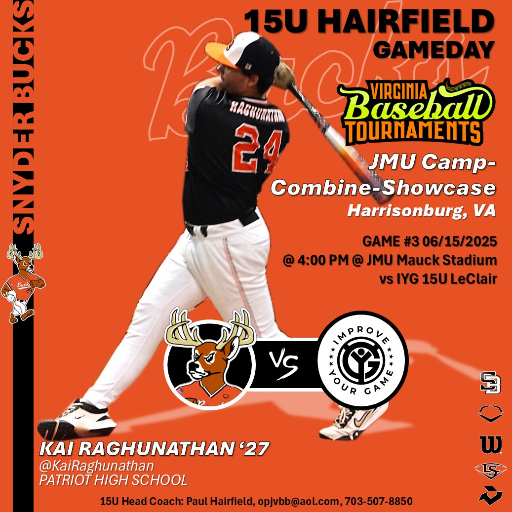 Snyder Baseball (@snyderbaseball) on Twitter photo ⚾️Snyder Bucks 15U Hairfield Game #4
The 15U team has 1 more game at the <a href="/vabaseballtourn/">VABaseballTourneys</a> JMU Showcase. Game time is 4 PM at JMU Mauck Stadium. '27 Ethan Nepomuceno <a href="/EthanNepo17/">Ethan Nepomuceno</a> gets the nod to start today's game.
⚾️🦌Good Luck BUCKS!!🦌⚾️ ⚾️Snyder Bucks 15U Hairfield Game #4
The 15U team has 1 more game at the <a href="/vabaseballtourn/">VABaseballTourneys</a> JMU Showcase. Game time is 4 PM at JMU Mauck Stadium. '27 Ethan Nepomuceno <a href="/EthanNepo17/">Ethan Nepomuceno</a> gets the nod to start today's game.
⚾️🦌Good Luck BUCKS!!🦌⚾️