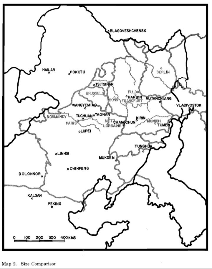 满洲国领土面积约130万平方公里，这是与西欧主要国家的比较，可以看出