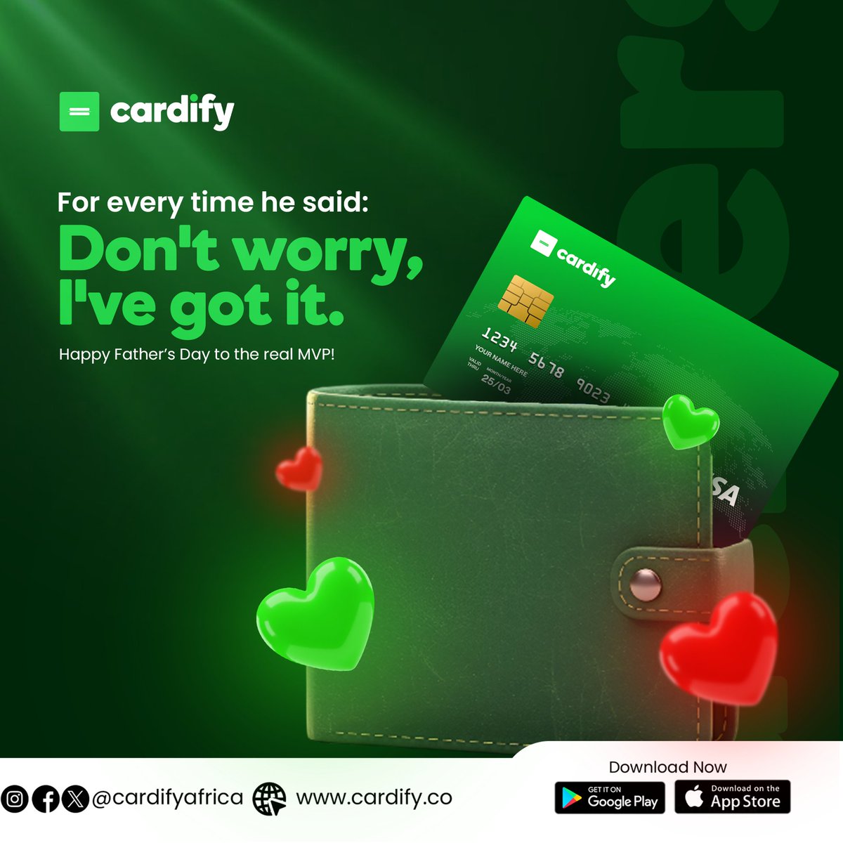 CardifyAfrica's tweet photo. To all you real MVPs!
Happy Father's Day 💚
#FathersDay2025 #cardify #yourcardsolutions https://t.co/vryPKwHCWf