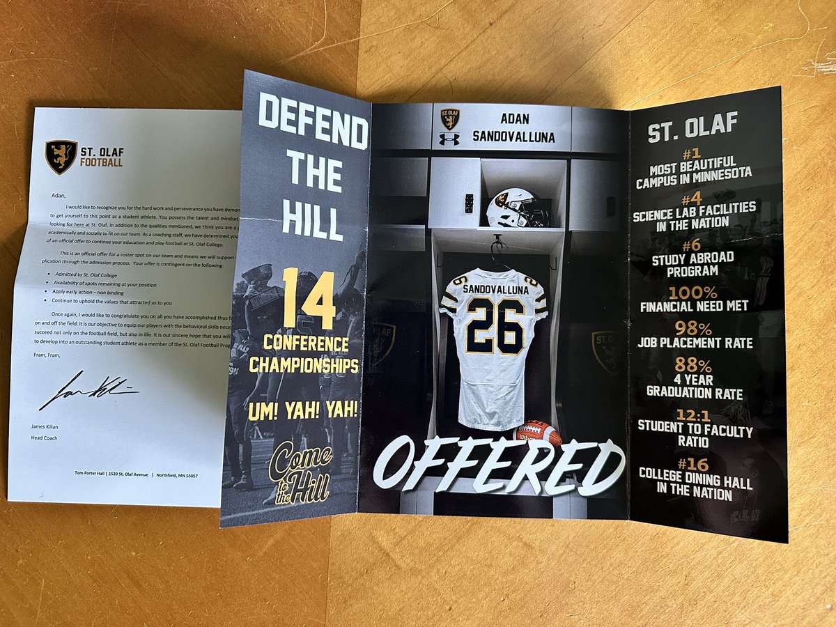 Blessed to receive my first official offer and roster spot to play football from St. Olaf College‼️thank you to <a href="/JamesKilian/">James Kilian</a> for this opportunity #oles #defendthehill