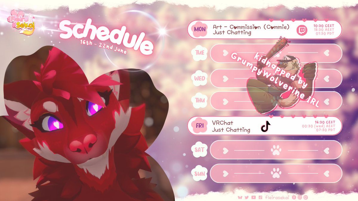 𝑊𝑒𝑒𝑘 𝑠𝑐ℎ𝑒𝑑𝑢𝑙𝑒 ✦
 _________________________ 
Iswear, I would love to stream more, but I literally can't :c
Anyway, one stream on twitch and one stream on tiktok!

 #vtuber #furry #vrchat #vulper #furrylive