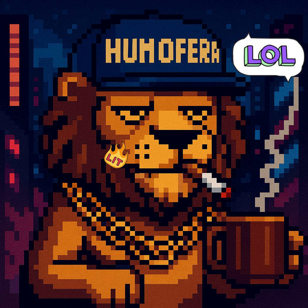 HumoferaNFT's tweet photo. “The lion rules without stress 🦁🔥 Relaxed, confident, with his coffee and cigar, carrying the essence of #Humofera on his cap. 🔥💨 Who else vibes with this flow? 🌃✨ #PixelArt #NFT #UrbanArt #DominicanStyle #CryptoCommunity” https://t.co/hFdvpyD03Z