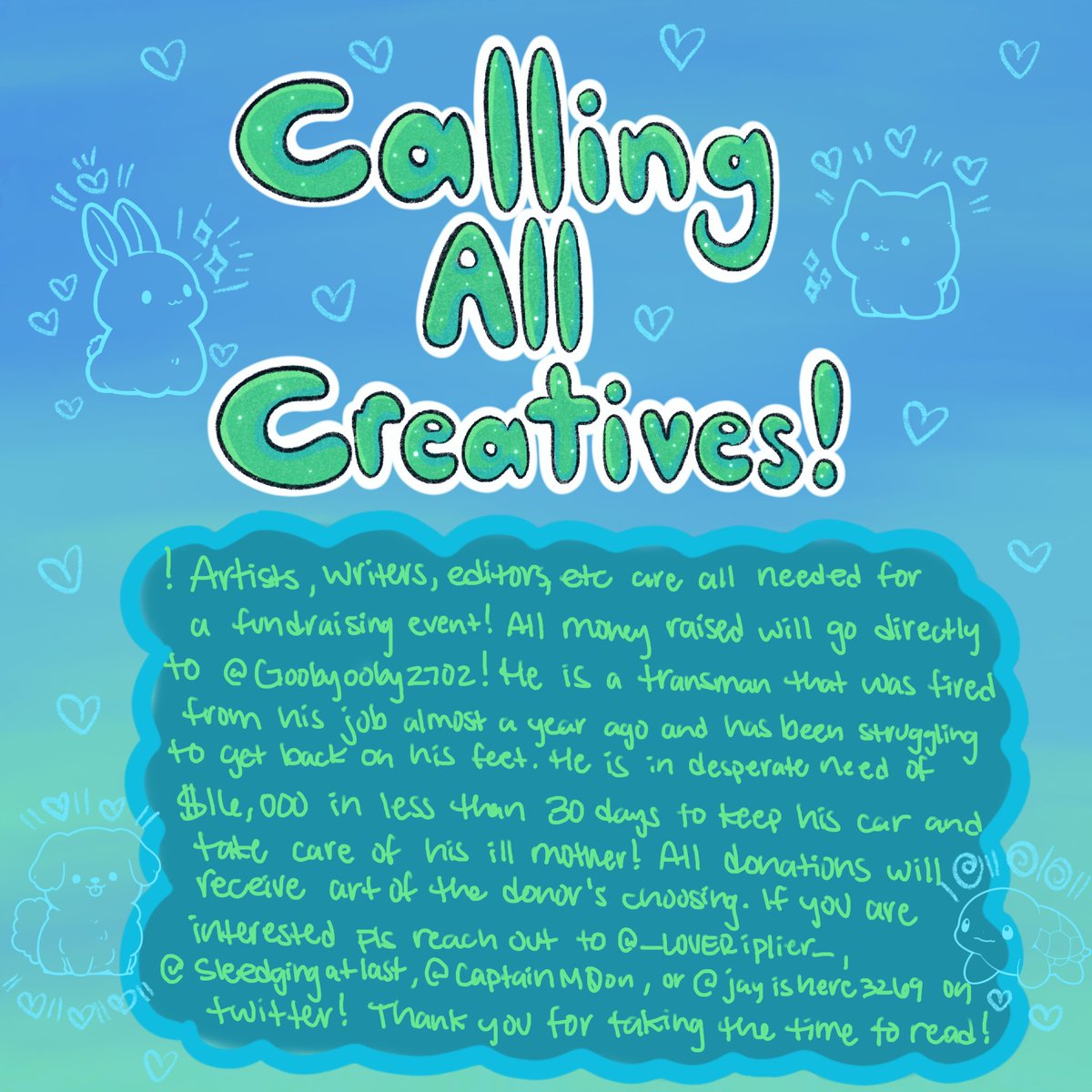 ATTENTION MARKTWT, MARKIPLIER FANS, OR ANYONE LOOKING TO HELP OUT A GOOD CAUSE!!!!! we are doing an art event to raise money for a fellow markiplier community member who is in need of our help!!! more info below 💙