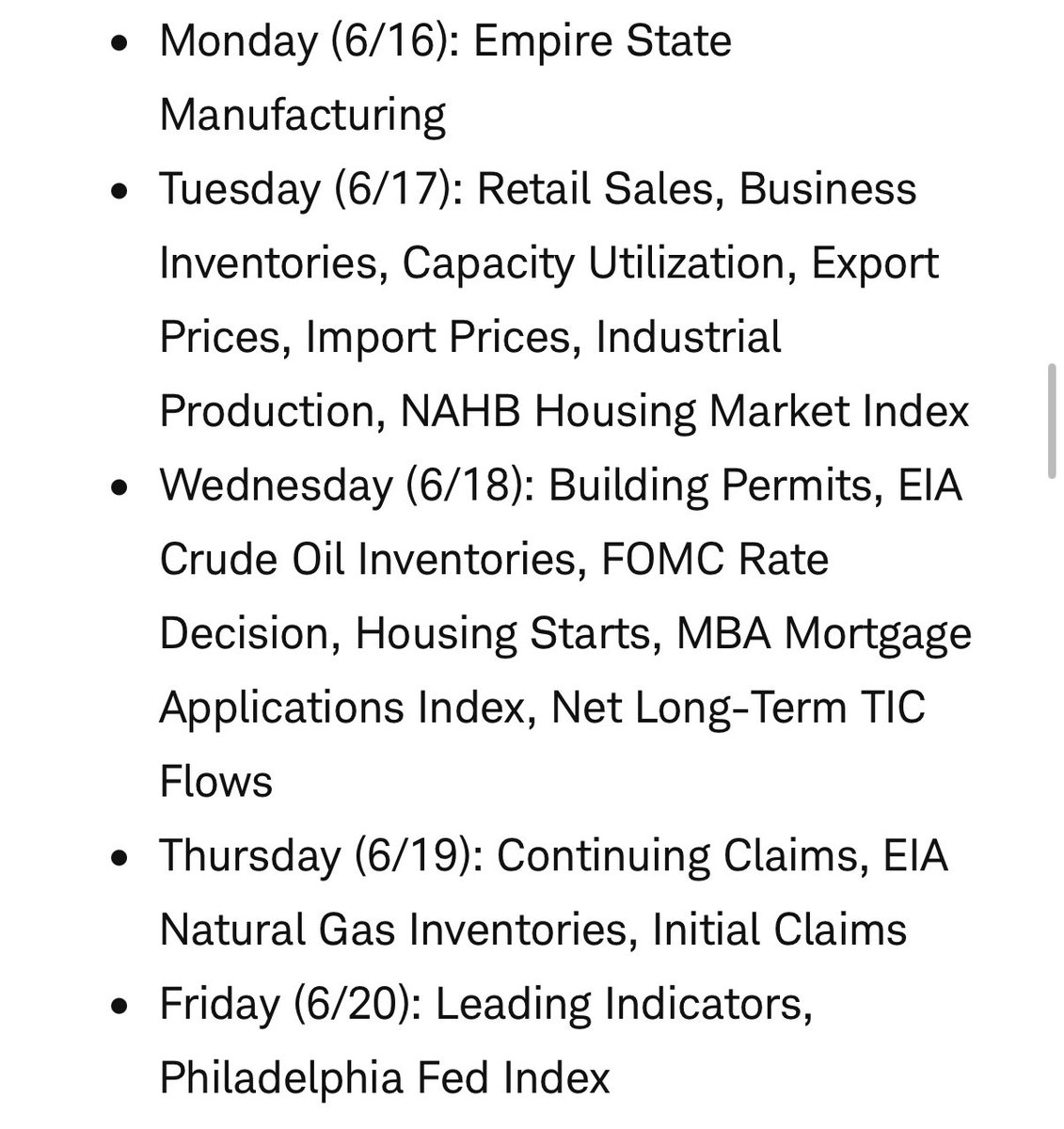 rhemrajani9's tweet image. Week ahead 🎞️:
▪️ NY Fed manufacturing data Mon
▪️ Retail sales 🛍️ Tue
▪️ 🚨 US Fed FOMC meeting Wed
▪️ Housing starts Wed
▪️ Quad witching options expiration Fri
▪️ 𝗙𝗥𝗘𝗘 newsletter: —&gt; TheOneRead.com &lt;— $SPX $QQQ