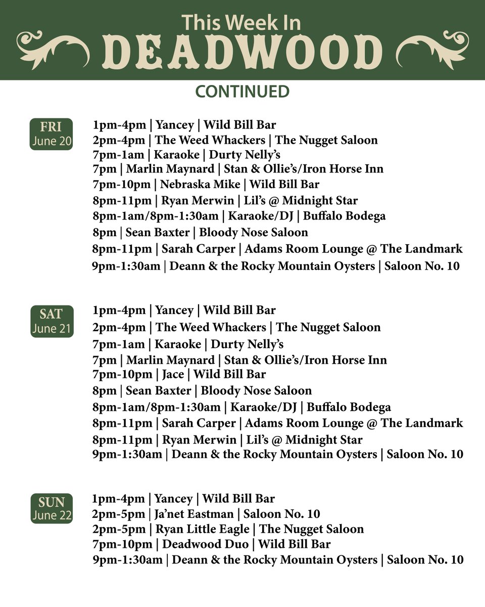 Come on down to Historic Downtown Deadwood this week for great music, dancing, and trivia! #DeadwoodSD #visit #weekendfun #Awesome #livemusic #events