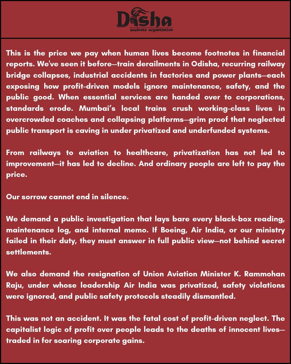 JoinDisha's tweet photo. Airplane Crash Takes 279 Lives in Ahmedabad — How Many More Until We Confront Systemic Negligence?

• Disha Students' Organization

#AhmedabadPlaneCrash #AirIndiaPlaneCrash #AirIndia #Boeing787 #BJMedicalCollege #Whistleblowers #GujaratPlaneCrash https://t.co/lUzDvxlEZz