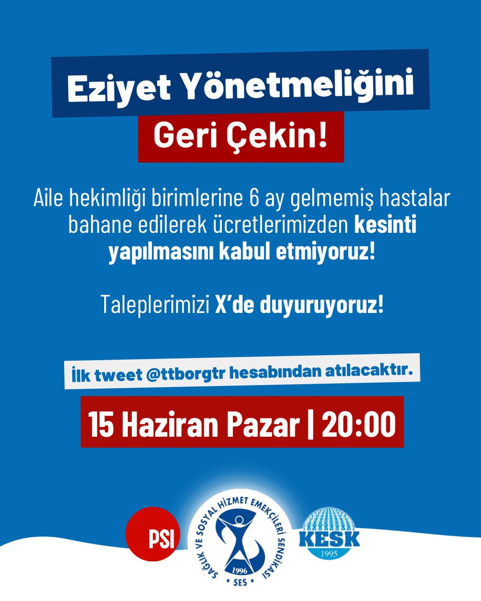 📣Eziyet Yönetmeliğini Geri Çekin! 

Aile Hekimliği birimlerine 6 ay gelmemiş hastalar bahane edilerek sağlık emekçilerinin ücretlerinden kesinti yapılmasını kabul etmiyoruz!

🗓️ 15 Haziran Pazar | 20:00

X’de taleplerimizi duyuyoruz. İlk tweet <a href="/ttborgtr/">Türk Tabipleri Birliği</a> hesabından atılacaktır.