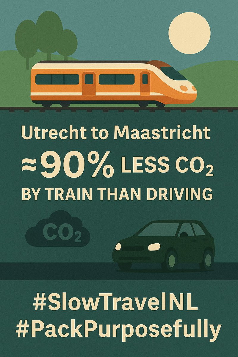 A train trip from Utrecht to Maastricht emits ~90% less CO₂ than driving solo. Bonus: no parking stress. 🚆🌿 #SlowTravelNL #PackPurposefully