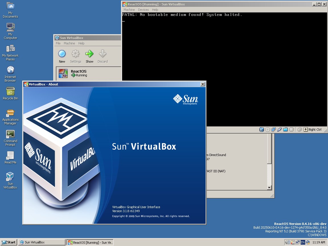 ReactOS (@reactos) on Twitter photo With a bugfix in oleaut32.dll, taken from Wine, comboboxes inside VirtualBox 3.x now properly work on #ReactOS - VMs with it can now properly be created, settings saved and started!!!
See the before-after shots and VM in action!
Courtesy of our developer <a href="/olegdubinskij21/">Олег Дубинский</a>. With a bugfix in oleaut32.dll, taken from Wine, comboboxes inside VirtualBox 3.x now properly work on #ReactOS - VMs with it can now properly be created, settings saved and started!!!
See the before-after shots and VM in action!
Courtesy of our developer <a href="/olegdubinskij21/">Олег Дубинский</a>.