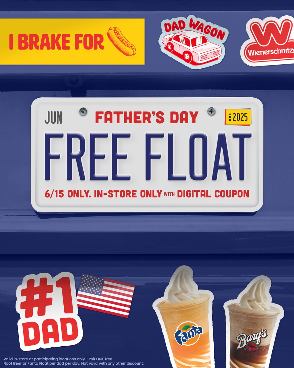 Drive on over to your nearest Wienerschnitzel and treat your dad to a FREE float for Father’s Day! 🥤
Find our digital coupon here: bit.ly/4e2QZRu