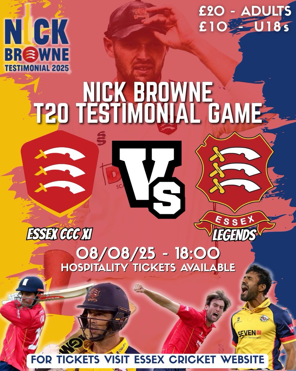 Nick Browne Testimonial25 (@nickbrowne2025) on Twitter photo On sale now!
Join the Essex First Team vs Essex Legends for a T20 evening!
With some past and present superstars!
Including Alastair Cook, Ravi Bopara and Ryan ten Doeschate
Buy tickets <a href="/EssexCricket/">Essex Cricket</a>
tickets.essexcricket.org.uk/selection/even… On sale now!
Join the Essex First Team vs Essex Legends for a T20 evening!
With some past and present superstars!
Including Alastair Cook, Ravi Bopara and Ryan ten Doeschate
Buy tickets <a href="/EssexCricket/">Essex Cricket</a>
tickets.essexcricket.org.uk/selection/even…