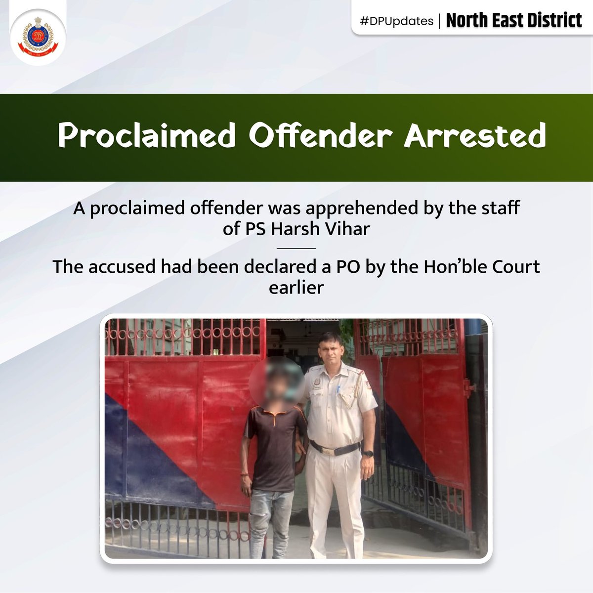 DCP North East Delhi (@dcpneastdelhi) on Twitter photo A proclaimed offender was apprehended by alert staff of PS Harsh Vihar, North East District. The accused had been declared PO by the Hon’ble Court. Delhi Police remains committed to ensuring justice & upholding the rule of law.
#DPUpdates <a href="/LtGovDelhi/">LG Delhi</a> <a href="/DelhiPolice/">Delhi Police</a> <a href="/Ravindra_IPS/">Special CP Law & Order Delhi Police</a> A proclaimed offender was apprehended by alert staff of PS Harsh Vihar, North East District. The accused had been declared PO by the Hon’ble Court. Delhi Police remains committed to ensuring justice & upholding the rule of law.
#DPUpdates <a href="/LtGovDelhi/">LG Delhi</a> <a href="/DelhiPolice/">Delhi Police</a> <a href="/Ravindra_IPS/">Special CP Law & Order Delhi Police</a>