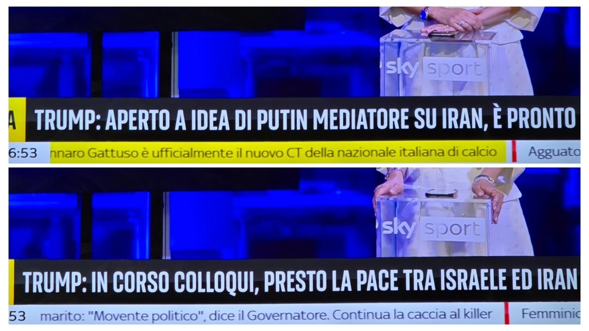 Le genialate di #Trump per risolvere le guerre in medio Oriente

-#Putin come mediatore con l'#Iran
-gli USA entrano nel conflitto
-'pace presto' fra #Israele e Iran

Un presidente disastroso che ha grandi estimatori in Italia: Meloni, Salvini e Travaglio