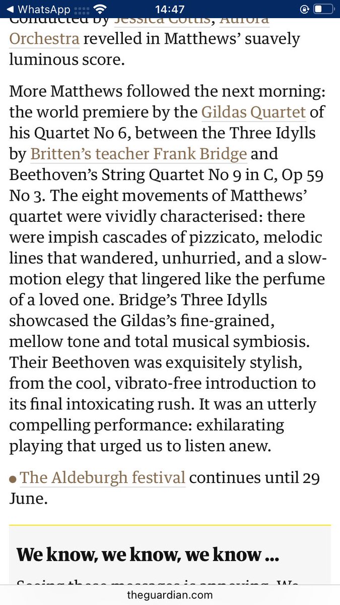 Gildas Quartet (@gildasquartet) on Twitter photo Many thanks to the <a href="/guardian/">The Guardian</a> for this lovely review of our concert yesterday at the Aldeburgh Festival! 🤩 <a href="/BrittenPears/">Britten Pears Arts</a> Many thanks to the <a href="/guardian/">The Guardian</a> for this lovely review of our concert yesterday at the Aldeburgh Festival! 🤩 <a href="/BrittenPears/">Britten Pears Arts</a>