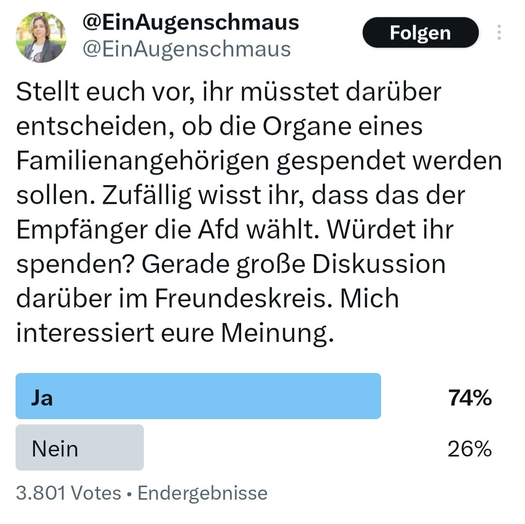 Es gibt tatsächlich Menschen, denen auch ich mein Organ nicht spenden wollen würde.
Kinderschänder, Tierquäler, Terroristen, naja, richtig üble Menschen halt.
Insofern verstehe ich den Gedanken grundsätzlich. 
Was mich irritiert ist, dass AfD-Wähler für manche anscheinend mit