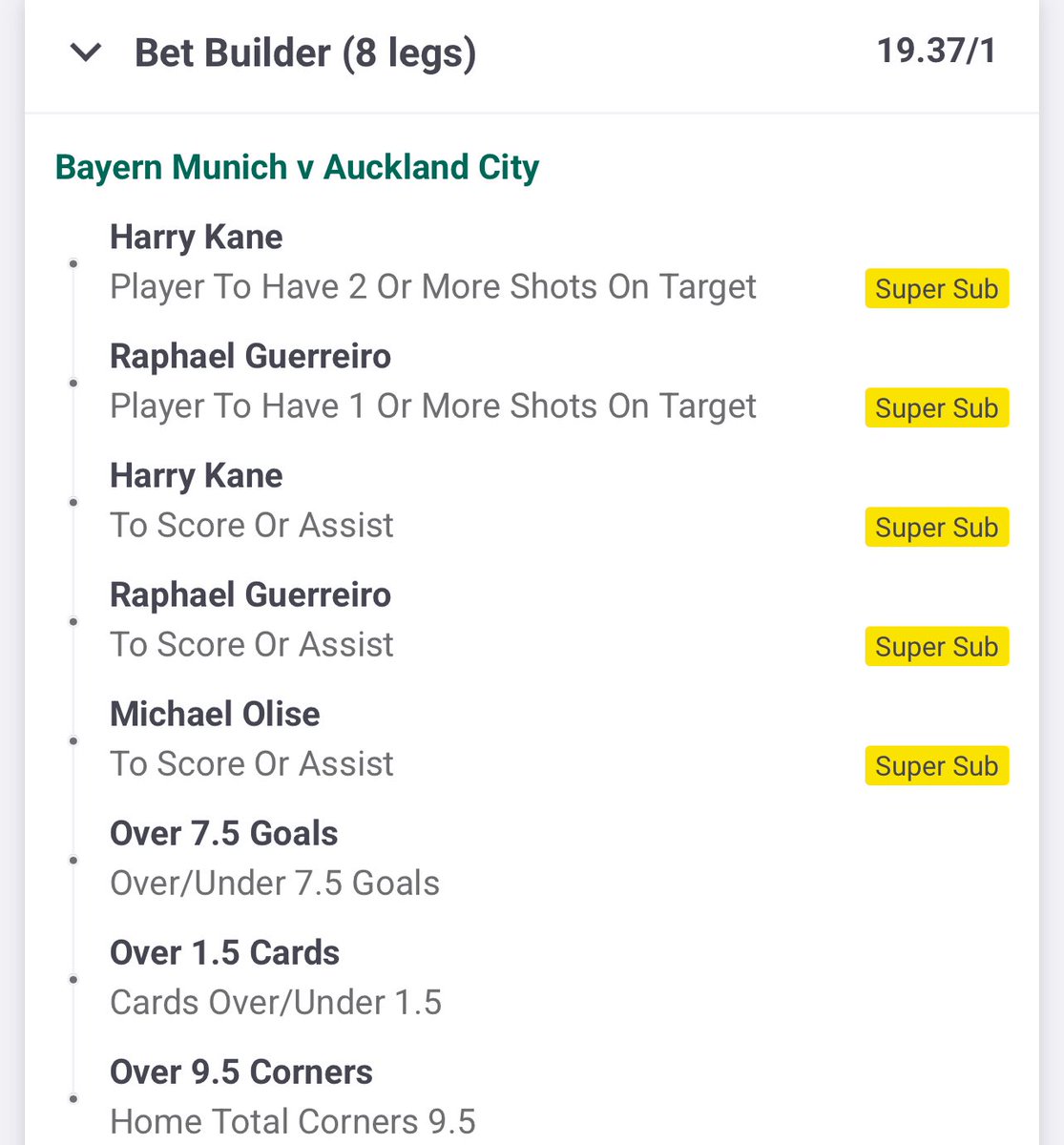 Bayern Munich vs Auckland City Bet Builder

@ 20.37 odds

❤️this tweet if you back it!