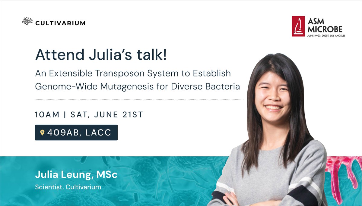 Struggling to build knockout libraries in non-model bacteria?

Julia Leung will share how Cultivarium’s extensible transposon platform makes genome-wide mutagenesis easier and scalable.

<a href="/ASMicrobiology/">ASM</a> #ASMmicrobe #ASMicrobe2025 #Microbiology #ScienceConnection