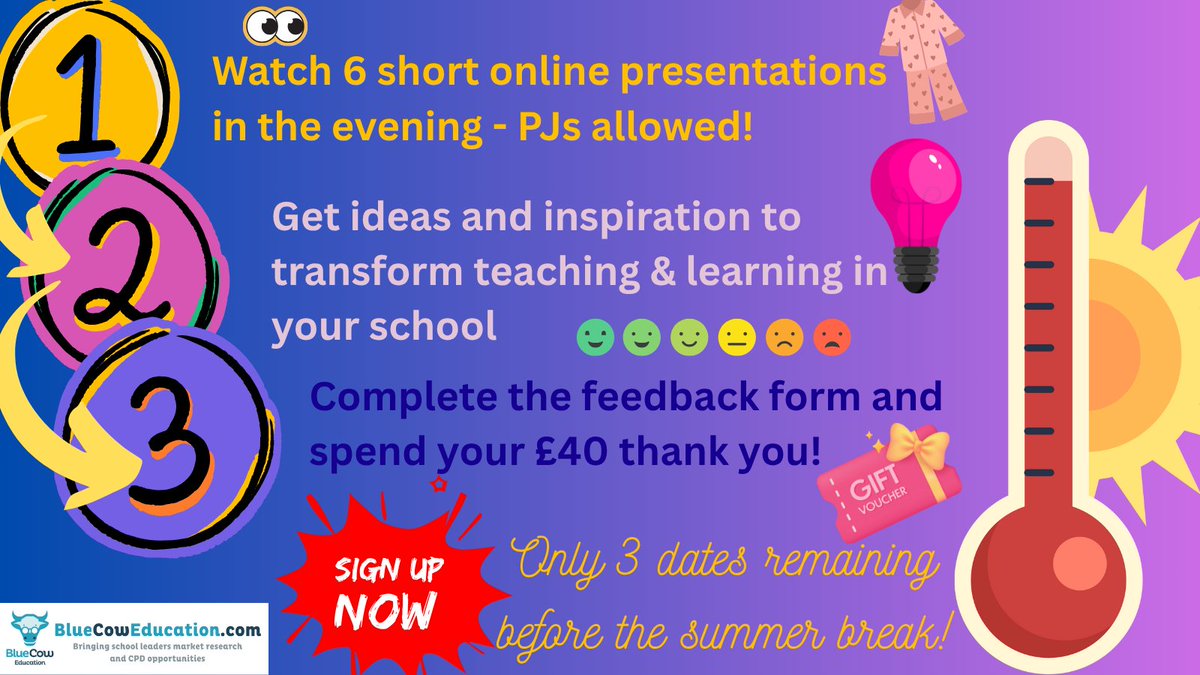 If you've been wondering whether to sign up to an online paid market research evening for school leaders - time is running out! There are only 3 remaining dates before the summer break. Relaxed, fast paced, informative and a £40 thank you emailed to you: bluecoweducation.com/events.html
