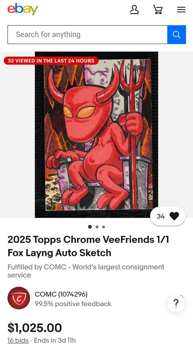 FoxLayng's tweet photo. Hey all you devilish #VeeFriends! Stay resilient @VeeFriendsCards collectors b/c my sketch of #ResilientRedDevil has popped up on #eBay and generating some serious π₯ bidding. 3 Days left and already over $1K. π€― Keep ripping those #Chrome packs from @garyvee & @Topps folks! https://t.co/ChDCEZt4Lv