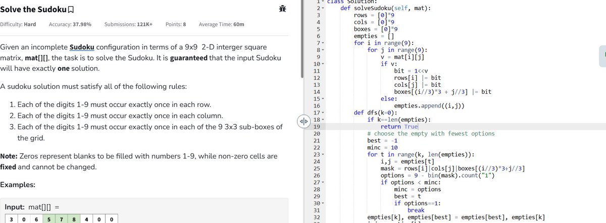 Sairamgoli07's tweet image. Day 78 of #GFG160DaysOfCode 🎯
Problem: Solve the Sudoku
→ Time Complexity: ~O(9^m) where m = empty cells
#SudokuSolver #Backtracking #Bitmasking #Python #DSA #CodingChallenge #100DaysOfCode