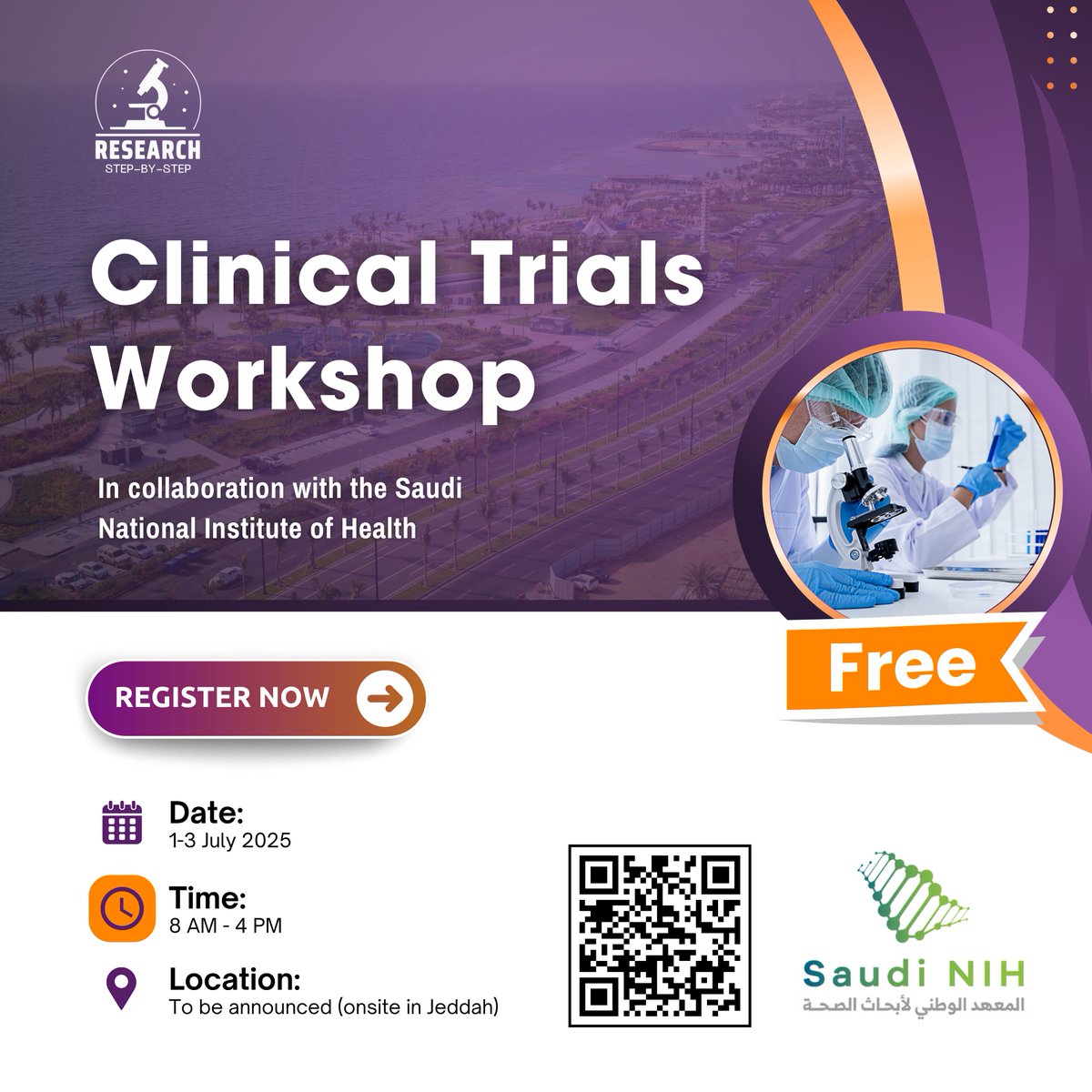 يسعدنا الإعلان عن توفر عدد محدود من المقاعد لحضور ورشة عمل المعهد الوطني لأبحاث الصحة @Saudi_NIH بعنوان:

Essentials of Biostatistics for Healthcare Practitioners: Descriptive and Inferential in Clinical Trial Analysis

🗓️ 1 - 3 يوليو
⏰ من 8 ص حتى 4 م
📍 حضوريًا – جدة
💵 مجانًا