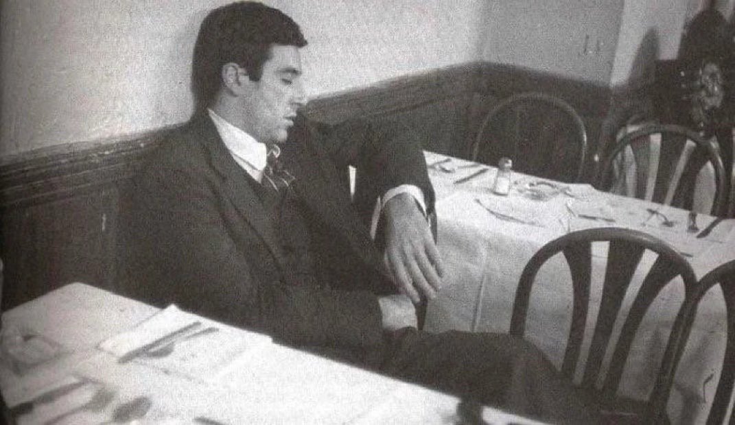 Al Pacino taking a nap on the set of ‘The Godfather’ (1972）