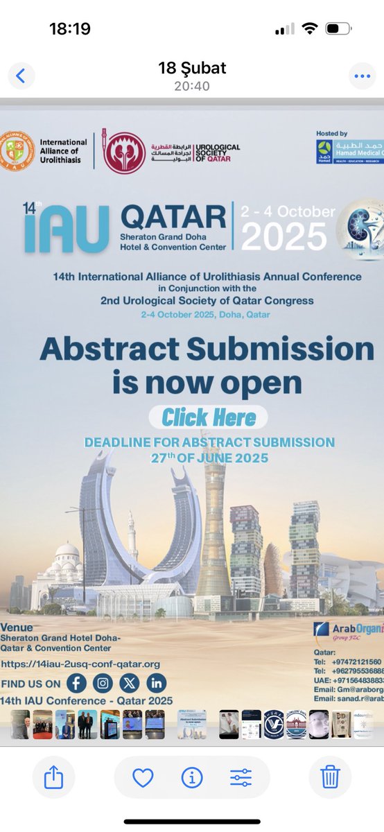 14th annual meeting of International Alliance of Urolithiasis (IAU) will be held in Doha/Qatar during October 2-4,2025.All aspects of urolithiasis will be discussed by the reknown experts.Please submit your abstracts for another true scientific stone fest.
Join us/share with us.