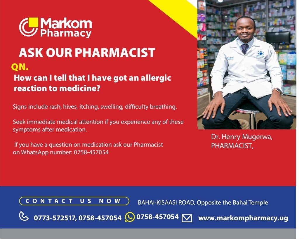 Our Pharmacist, Henry Mugerwa, responds to a question on allergic reaction to medicine. You might want to know the signs. Meanwhile visit Markom Pharmacy on markompharmacy.ug and our social media platforms to get more such tips. #HealthLiteracy #HealthTips #MarkomPharmacy