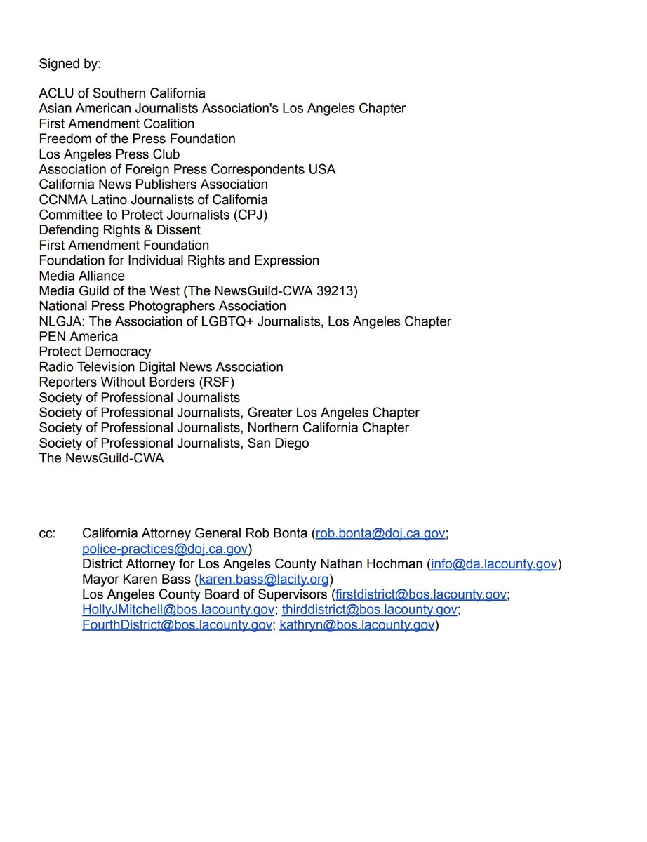 The deployment of federal agencies to LA may be getting the headlines, but many of the most serious abuses have come from local police.

We helped lead a letter to the LAPD and LASD reminding them of journalists' rights and the liability they're risking: media.freedom.press/media/document…