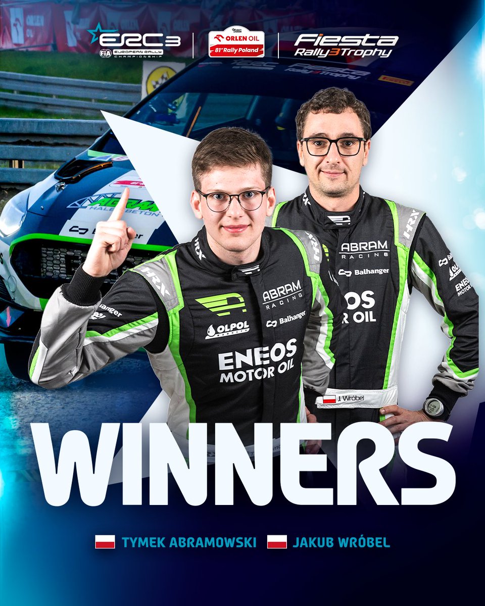 🥇 ERC3 WINNERS 🥇

Tymek Abramowski and Jakub Wróbel take to the top step of the ERC3 and Fiesta Trophy podium in Poland! 🙌