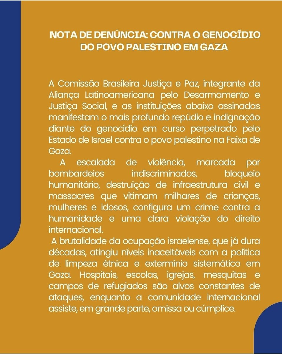 RobsonSavio's tweet photo. Em parceria com a @AlianzaDesarme , a Comissão Brasileira Justiça e Paz e outras 400 entidades assinam nota contra o genocídio dos palestinos da Faixa de Gaza.
@NelVillarreal 
@cartacapital 
@PaxChristi https://t.co/C8MQ0J77O1