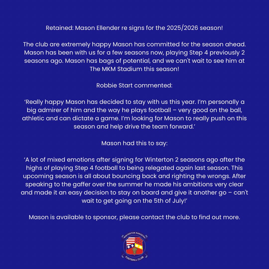 WintertonRFC's tweet image. Retained: Mason Ellender re signs for the 2025/2026 season!