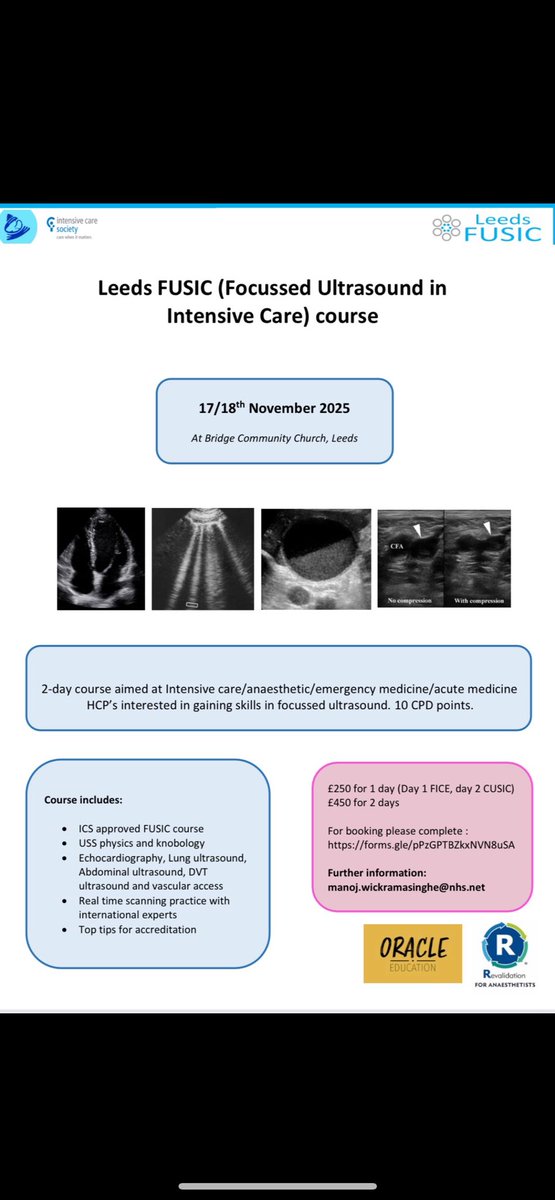 Leeds FUSIC is back in November! Join us on 17-18th November for two days of #POCUS with international experts and a focus on hands on scanning. See booking link below, places get booked fast so please do fill if you are interested!