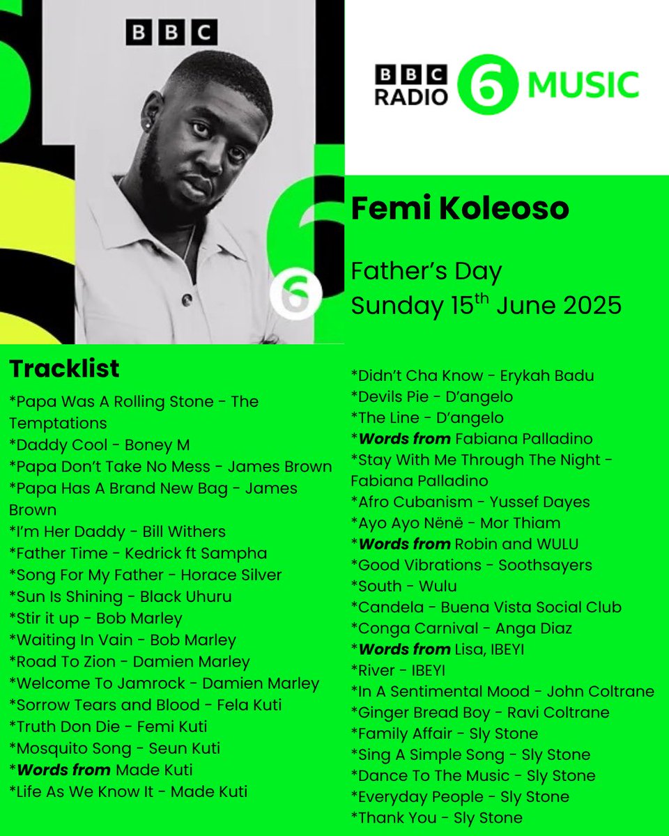 Femi Koleoso (@femiondrums) on Twitter photo Happy Fatherās Day
Honoured to spend it with you on <a href="/BBC6Music/">BBC Radio 6 Music</a>
On <a href="/BBCSounds/">BBC Sounds</a> for a month if you missed it
God Bless Happy Fatherās Day
Honoured to spend it with you on <a href="/BBC6Music/">BBC Radio 6 Music</a>
On <a href="/BBCSounds/">BBC Sounds</a> for a month if you missed it
God Bless