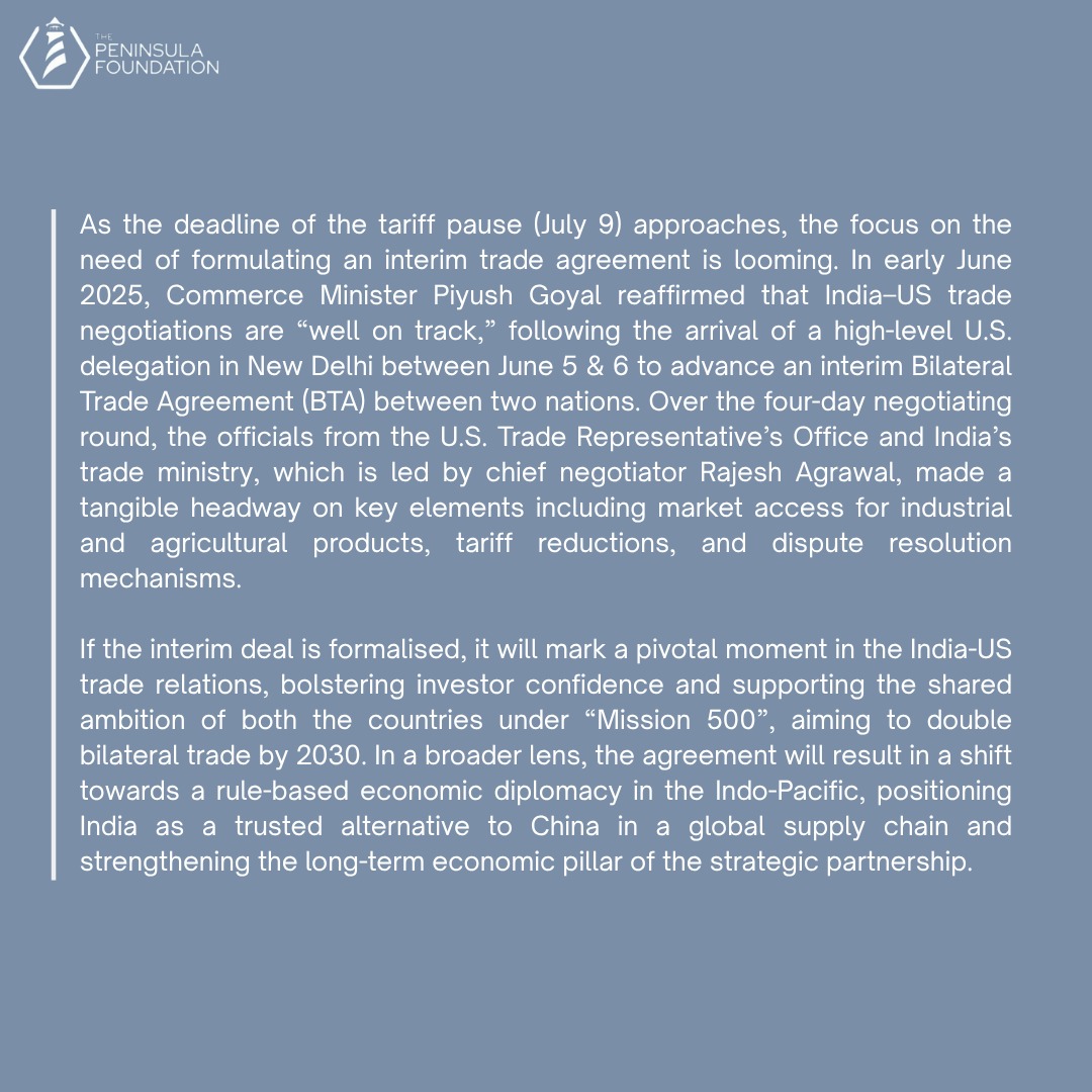 TPF_Chennai's tweet image. Trade over Tariffs: India-U.S. Negotiations Gain Momentum Ahead of July Deadline: A write-up by Siddharth SN, Research Intern

#IndiaUSTrade #TradeNotTariffs #BilateralTrade #TradeDeal #DiplomacyInAction #Geopolitics