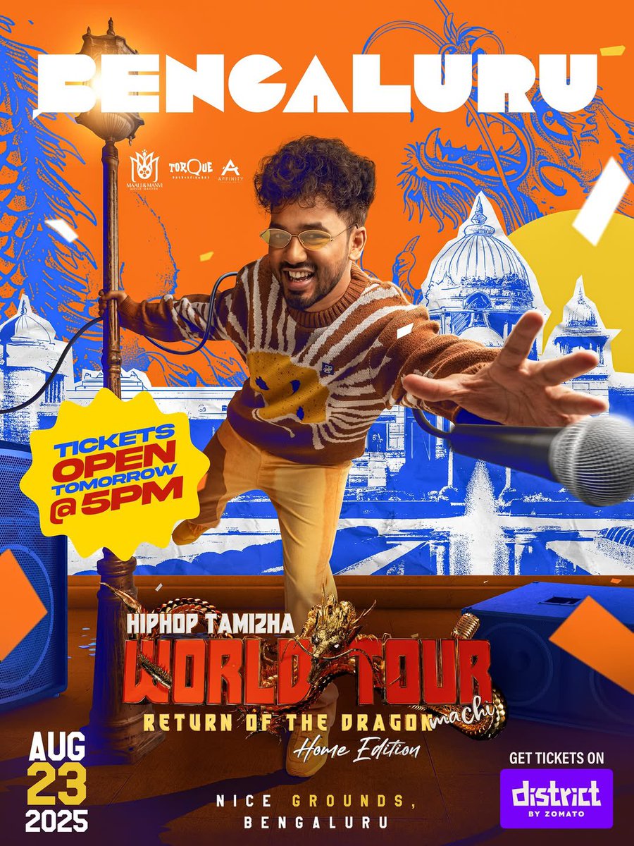 Hello Bengaluru.. gear up🤟 We pullin’ up loud.

Hiphop Tamizha World Tour | Bengaluru Edition - Tickets drop tomorrow 

Date : August 23, 2025
Venue: Nice Grounds, Bengaluru.

<a href="/TorqueEntertai1/">Torque Entertainment</a> 
#ReturnoftheDragonMachi #WorldTour #BengaluruEdition